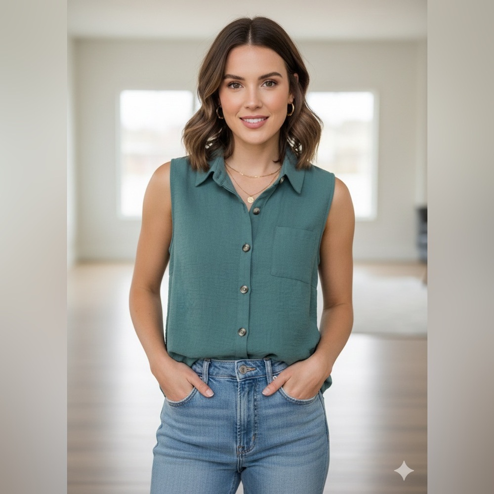 Monteau Sleeveless Teal Button-Down Shirt Women’s Size XL
